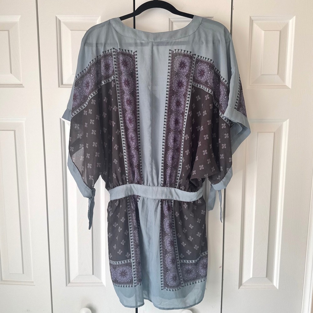 Free People XS Blue Brown Paisley Boho Kimono Sleeve Tunic Mini Dress NWT - Picture 2 of 6